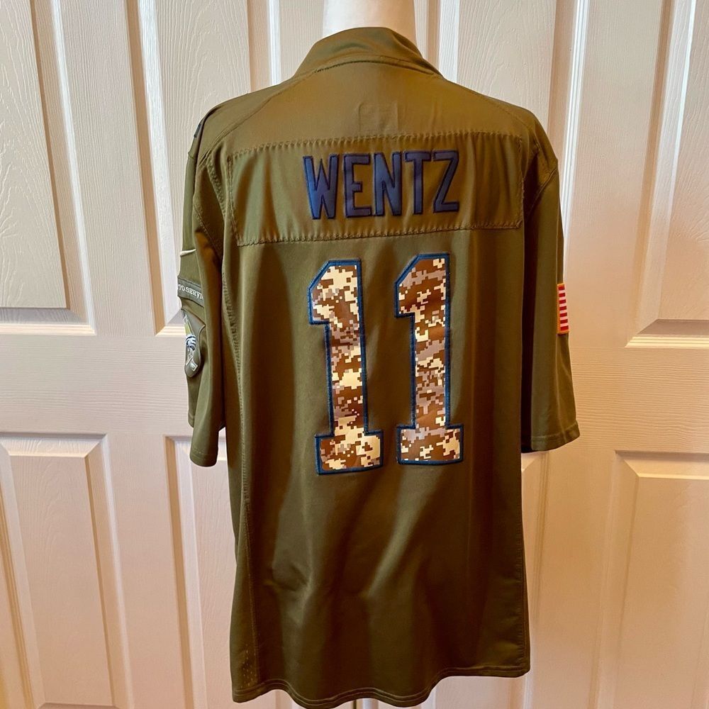 Olive Green Eagles Jersey with Embroidered Camo Number 11 Wentz Size Large - Picture 10 of 11